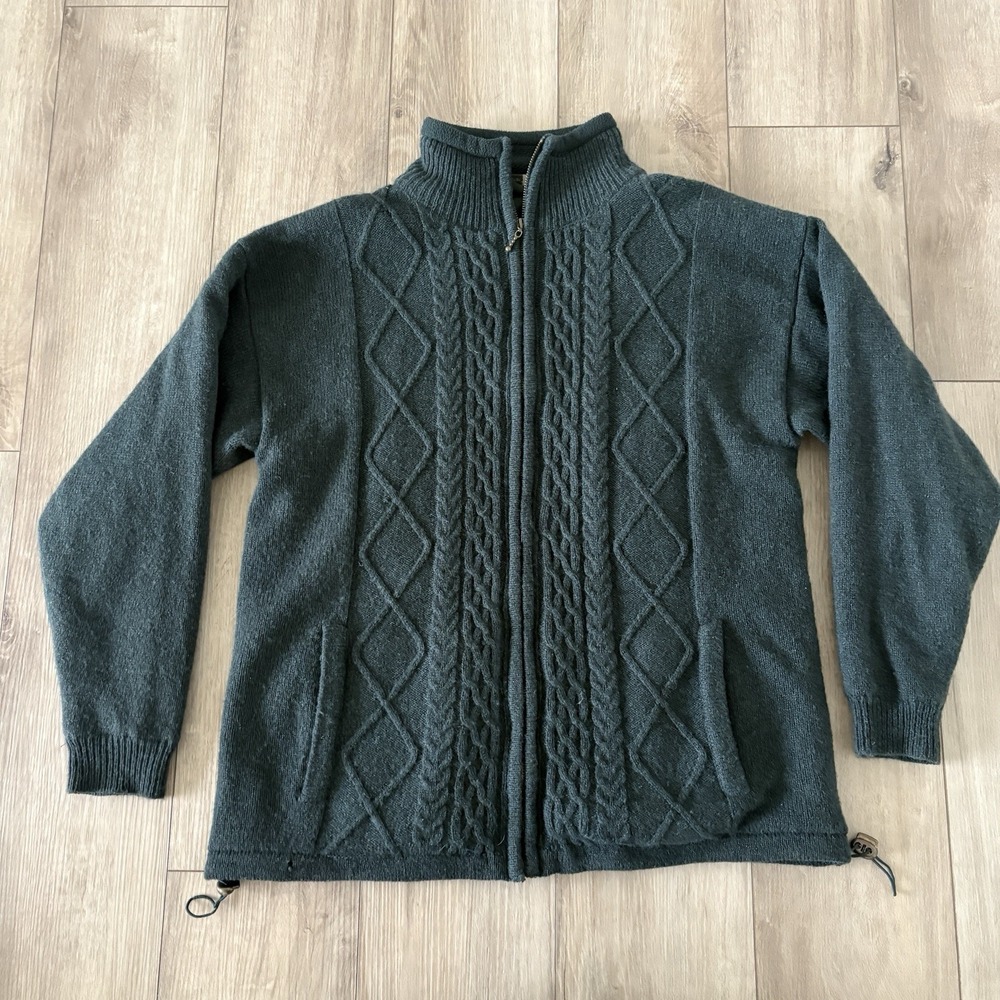 Carraig Donn Ireland Wool Zip Aran Cable Knit Fisherman Cardigan Sweater Medium